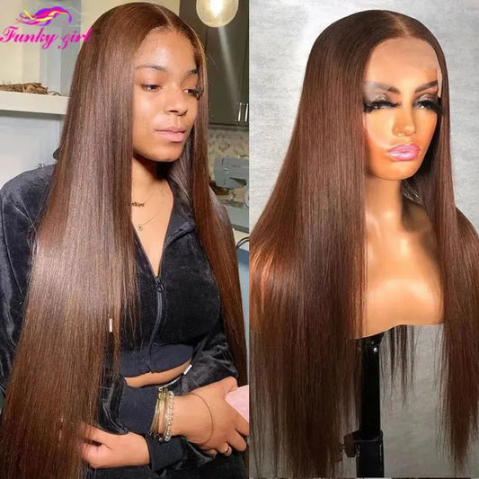 Brown Color Lace Front Human Hair Wig Brazilian Transparent Lace Wigs Bone Straight Lace Closure Wigs For Women PrePlucked Wigs